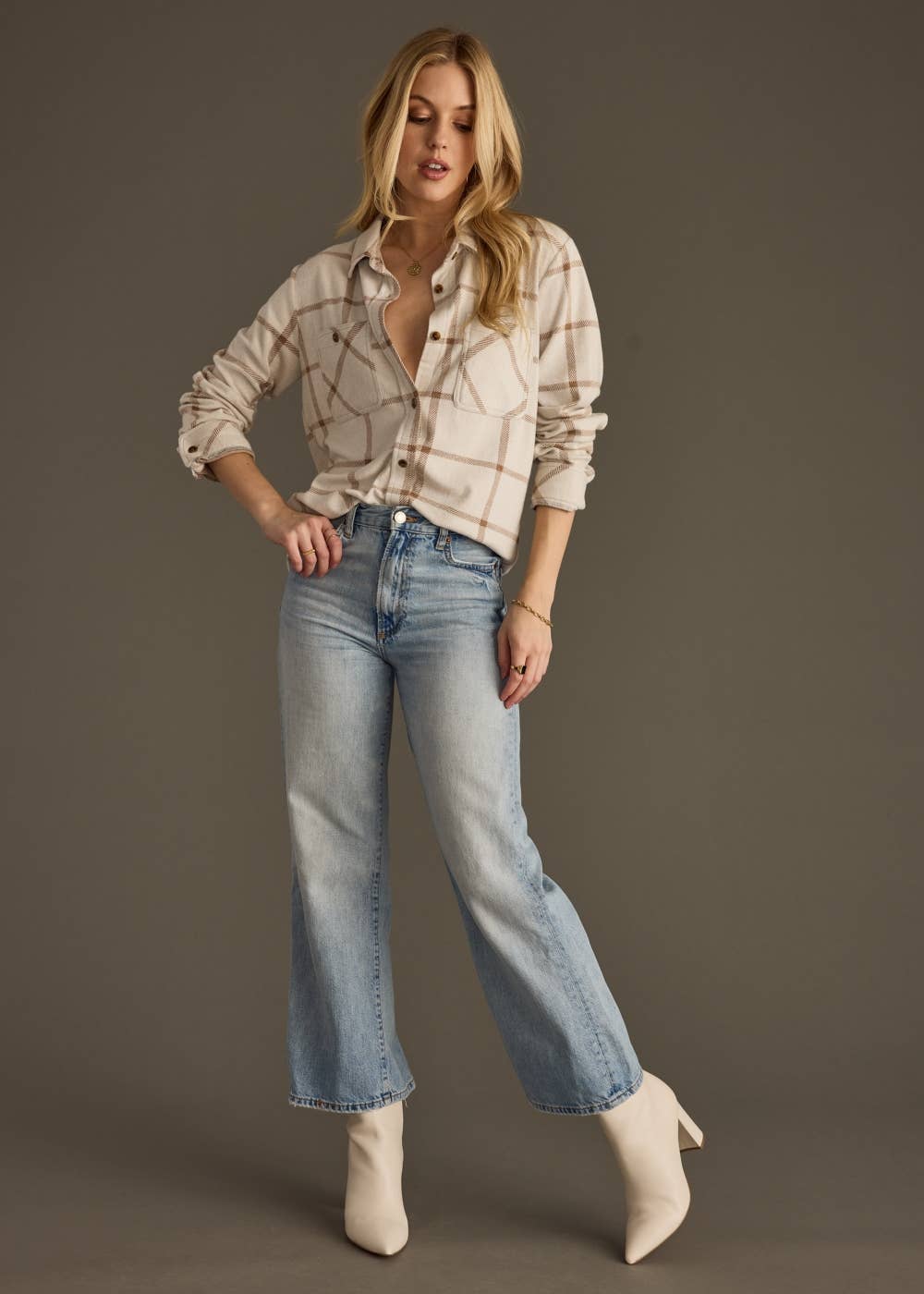 Avah Beige & Brown Plaid Button Up