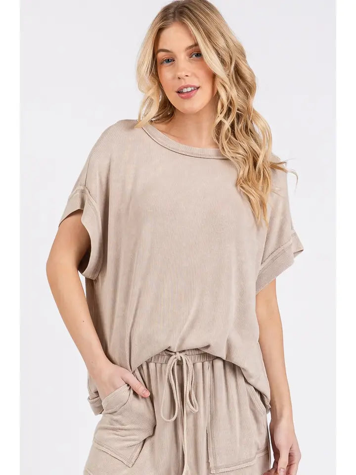 Marli Mineral Washed Top and Shorts Rib Set in Taupe