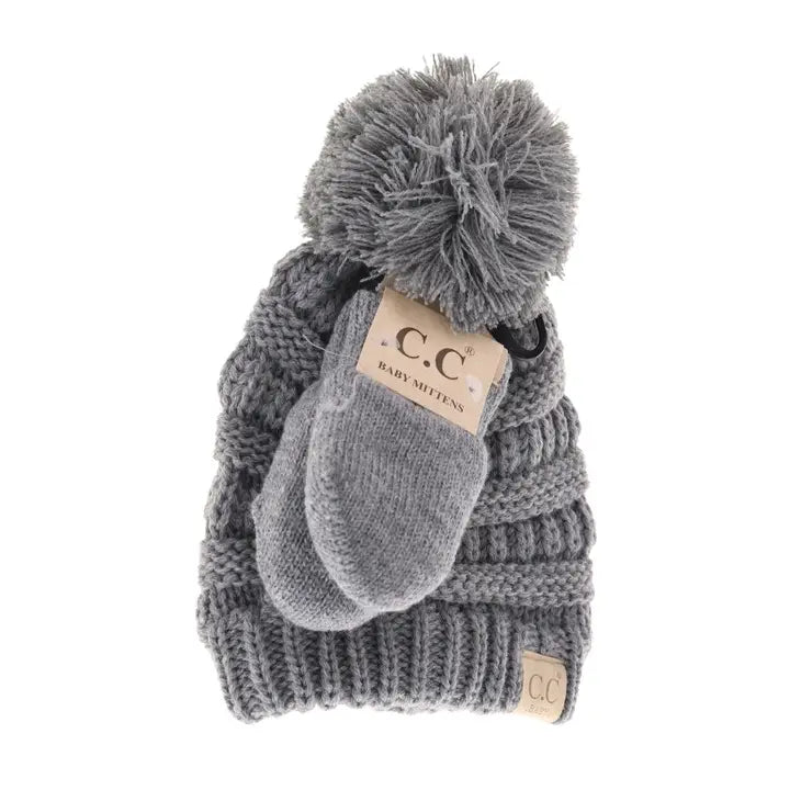 Baby Beanie and Mitten Set in Light Grey
