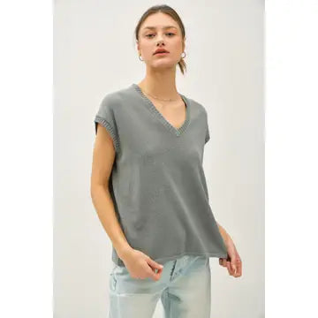 V-Neck Sweater Tank w/ Chunky Ribbing Details in Smoke blue