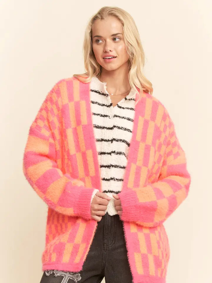 Ellie Checkerboard Cardigan in Pink FINAL SALE