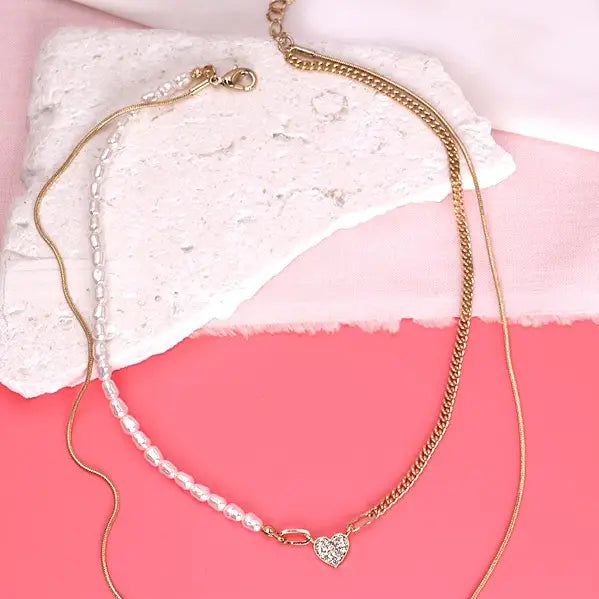 Layered Pearl & Heart Necklace