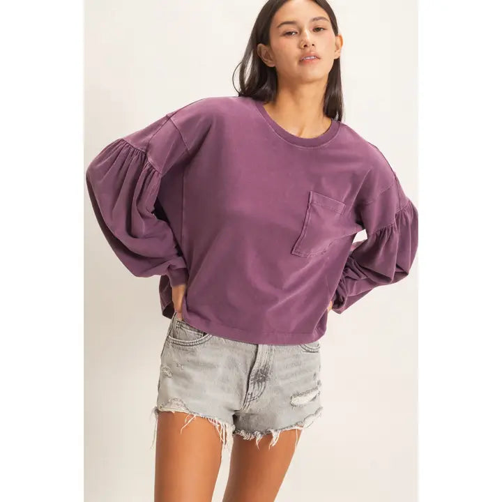 Katie Mineral Wash Puff Sleeve Top in Dark Cherry