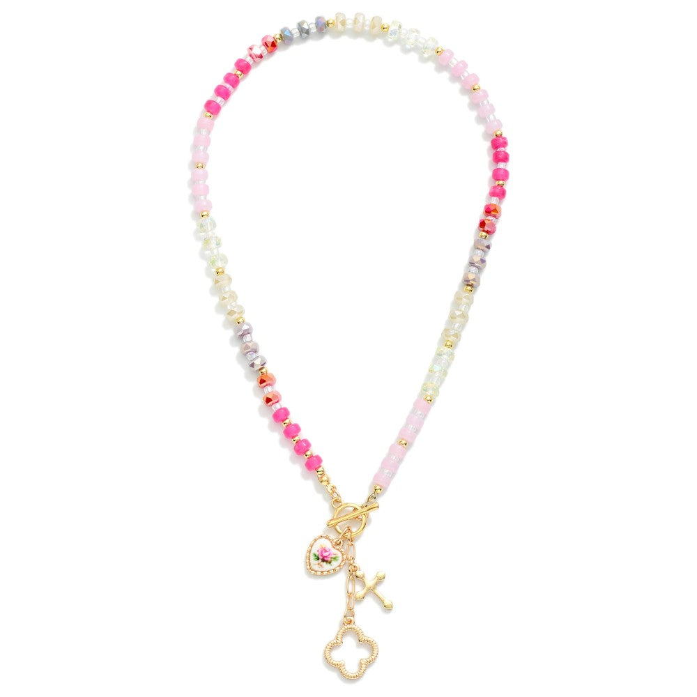 Pink Beaded Clover Charm Necklace