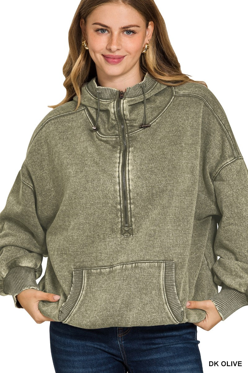 Willow Washed Half Zip Hoodie in Dark Oilve
