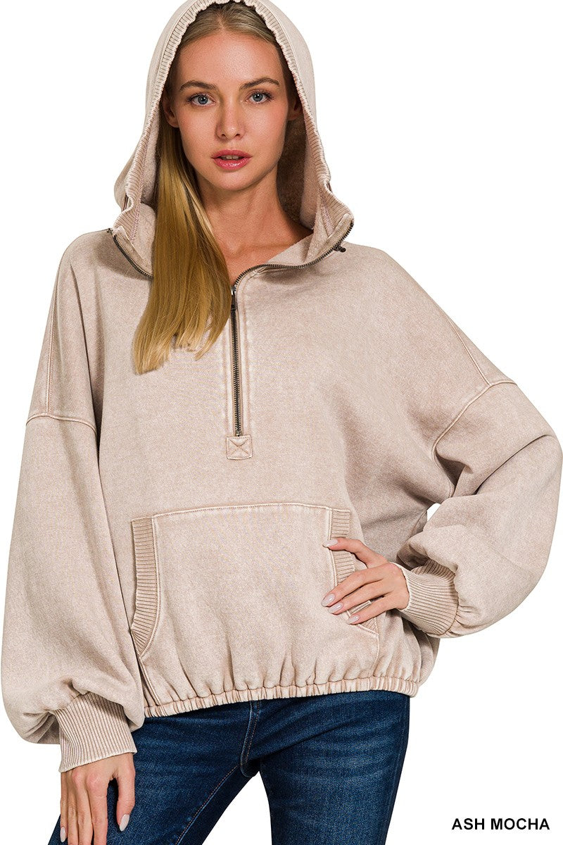 Willow Washed Half Zip Hoodie in Ash Mocha