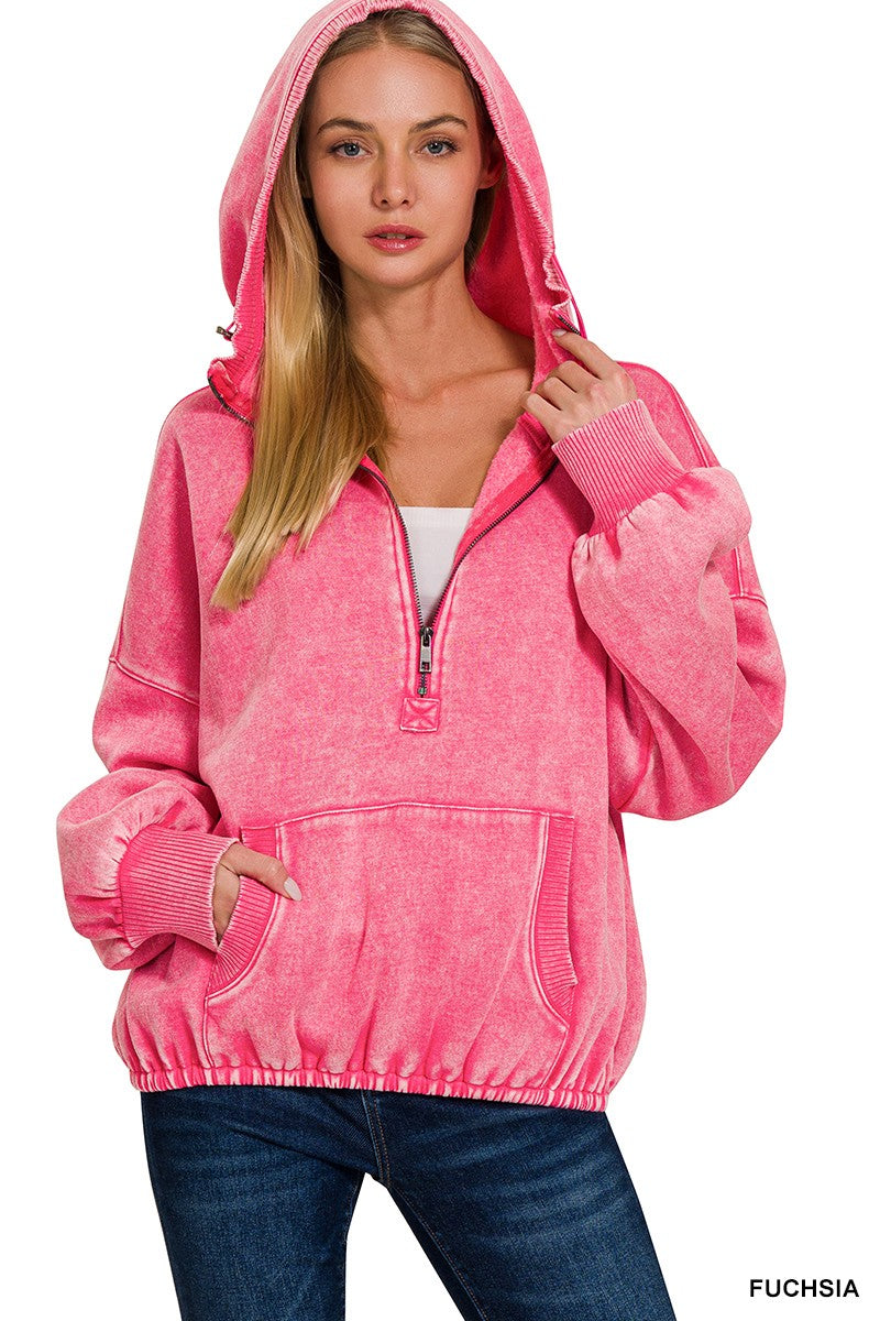 Willow Washed Half Zip Hoodie in Fuchsia