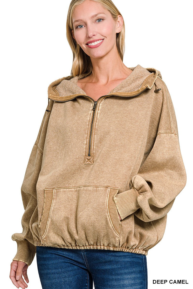 Willow Washed Half Zip Hoodie in Deep Camel