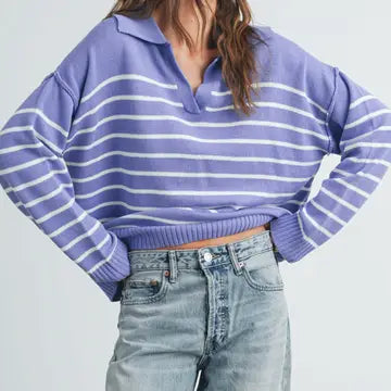 Sibyl V-Neck Striped Sweater in Periwinkle