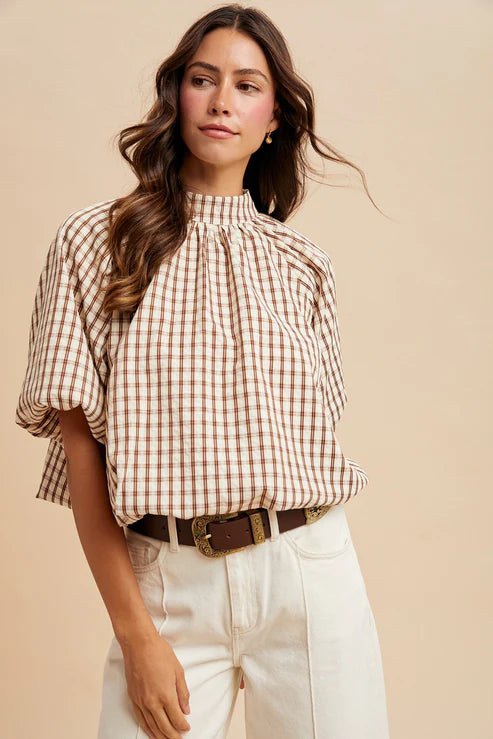 Puff Sleeve Blouse in Plaid Brown