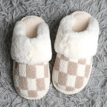 Checker Fur Slippers Taupe FINAL SALE