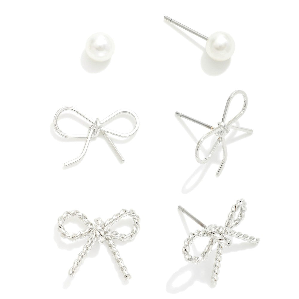 3pc Silver Bow Earring Set