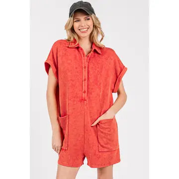 Mineral Washed Romper in Red