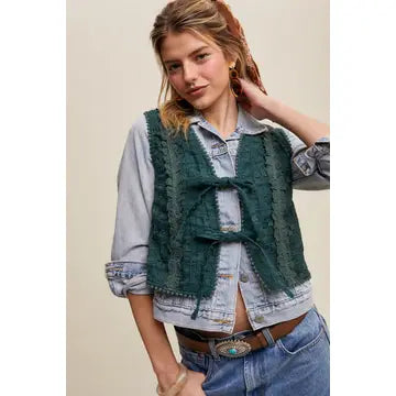 Bailey Lace Tie Front Vest in Deep Green