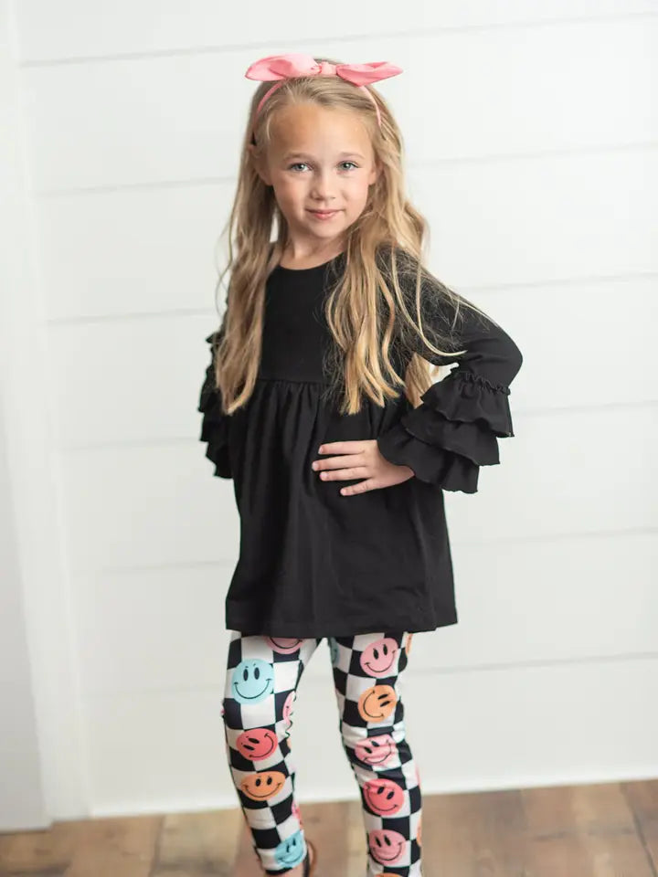 Kids Smiley Face Leggings and Ruffle Top Set