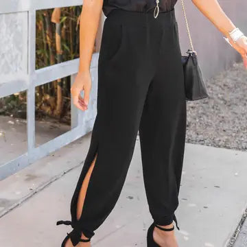 Solid Ankle Tie Pants in Black