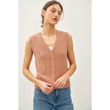 Knit Button Up Sweater Vest Terracotta
