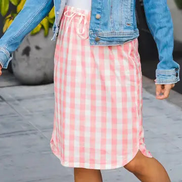 Gingham Drawstring Split Hem Skirt in Pink
