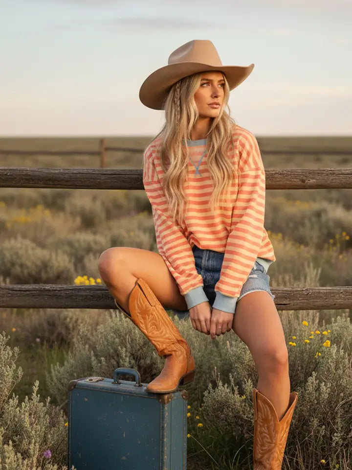 Charlotte Striped Crew neck in Coral/ Yellow
