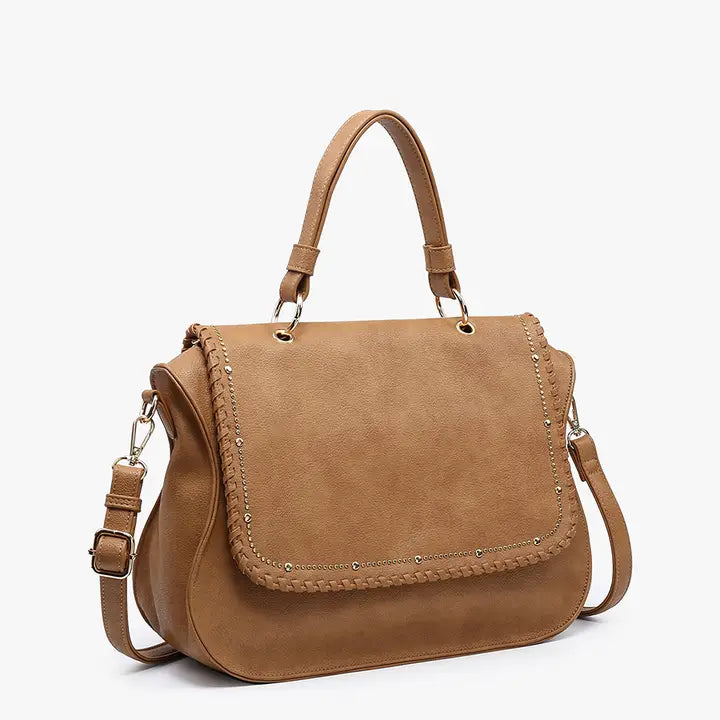 Studded Flap over Hobo w/ Handle in Brown