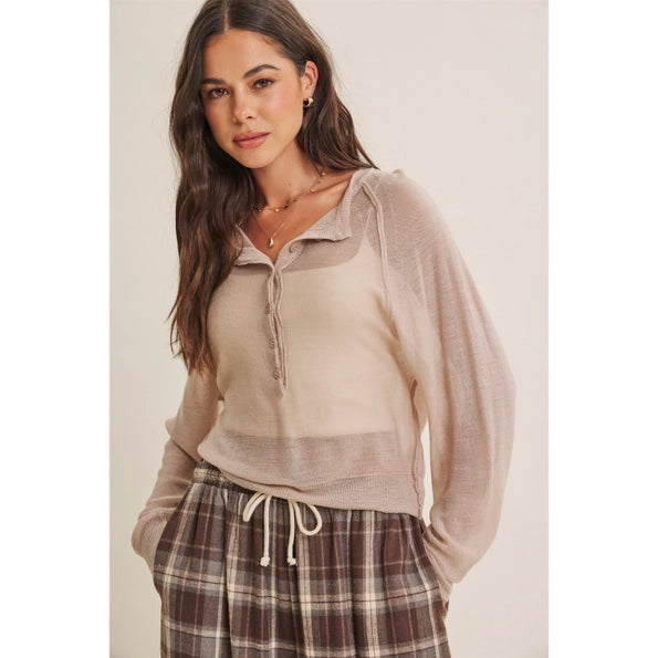 Henley Sweater Top in Beige