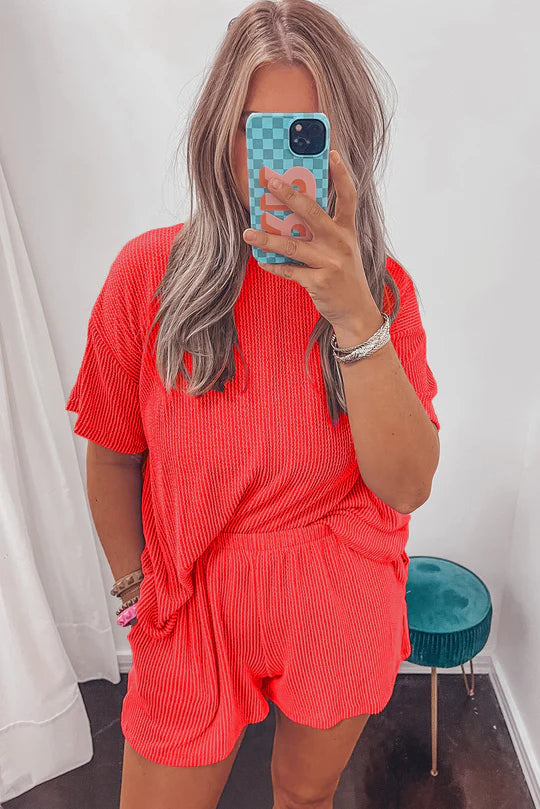 Ribbed Short Set in Coral
