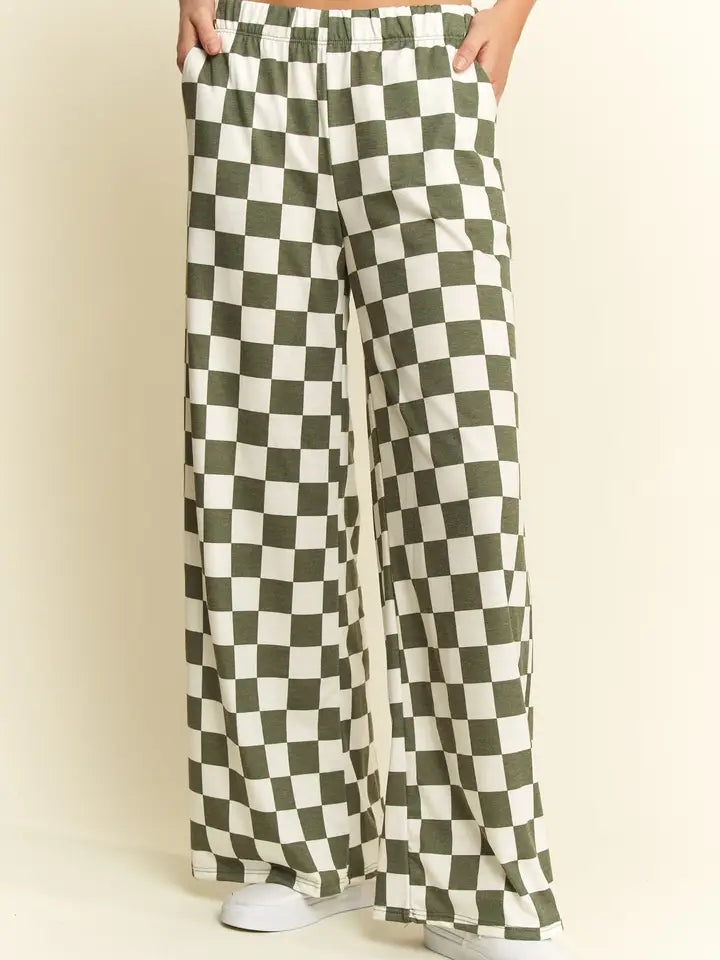 Tully Checkered Print Pants in Olive Green