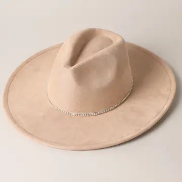 Rhinestone Wide Brim Suede Fedora Hat in Taupe