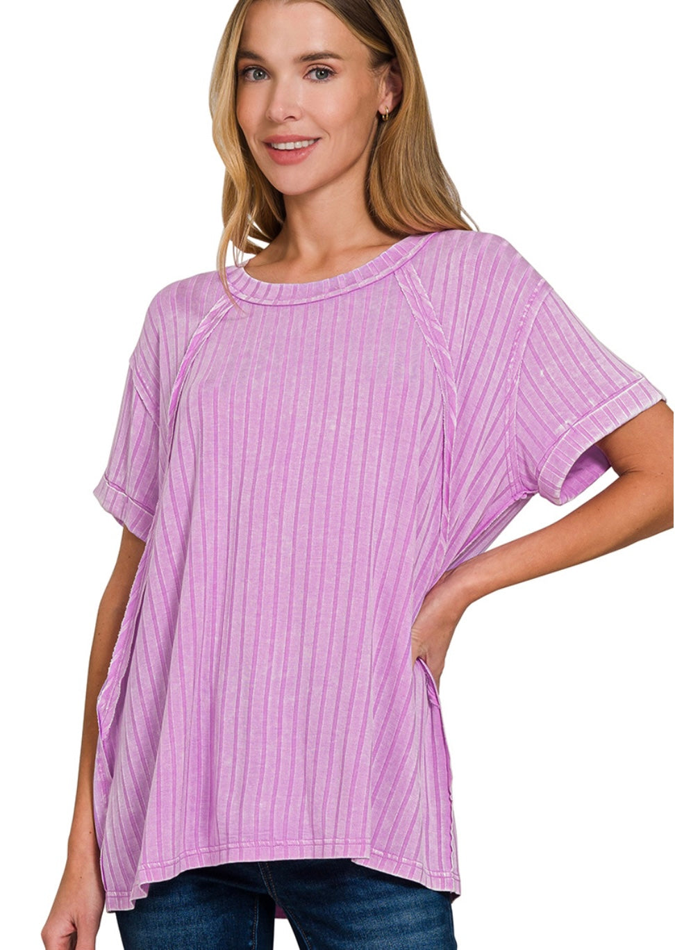 Emily Acid Wash Ribbed Top in Mauve