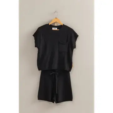 Short Sleeve Sweater and Short Set in Black