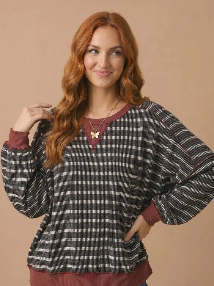 Stripe Oversized Knit Sweatshirt Curvy- Charcoal
