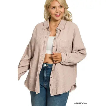 Tracie Raw Edge Button Up in Ash Mocha