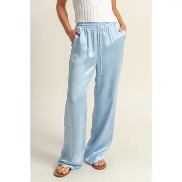 Drawstring Wide Leg Satin Pants in Ice Blue
