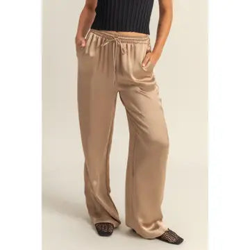 Drawstring Wide Leg Satin Pants in Dark Taupe