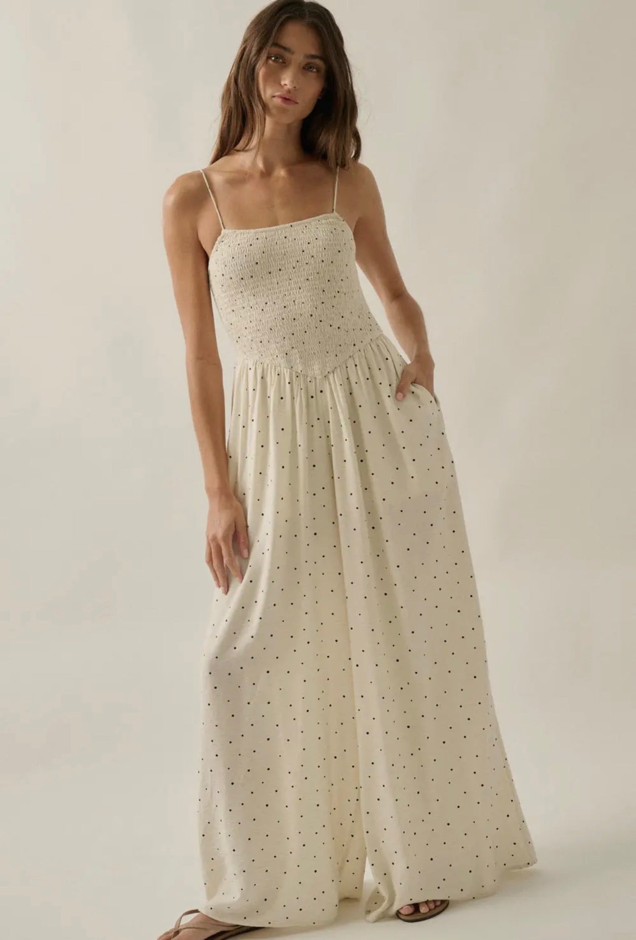 Pracilla Polka Dot Smocked Jumpsuit in Oatmeal