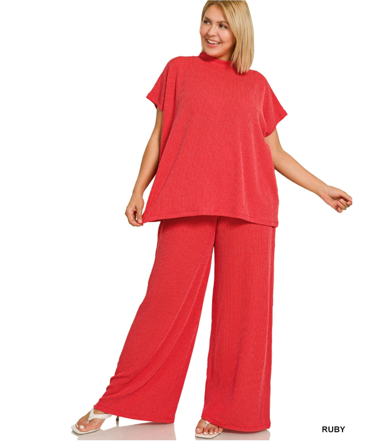 Layna Ribbed Two Piece Set in Ruby - Curvy