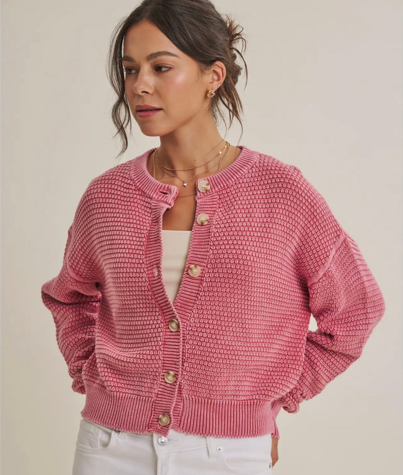 Carmen Waffle Cardigan in Pale Mauve