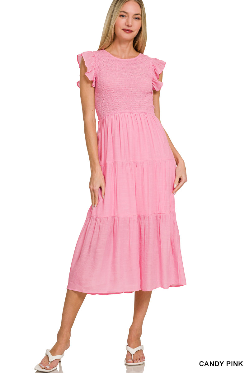 Maci Smocked Ruffle Sleeve Midi Dress in Candy Pink