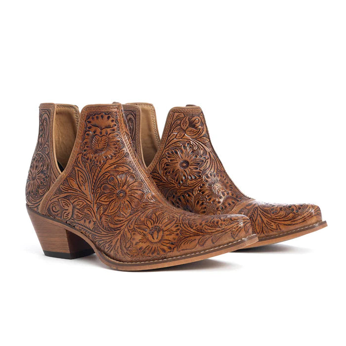 Myra- Dakota Hand-tooled Booties in Caramel