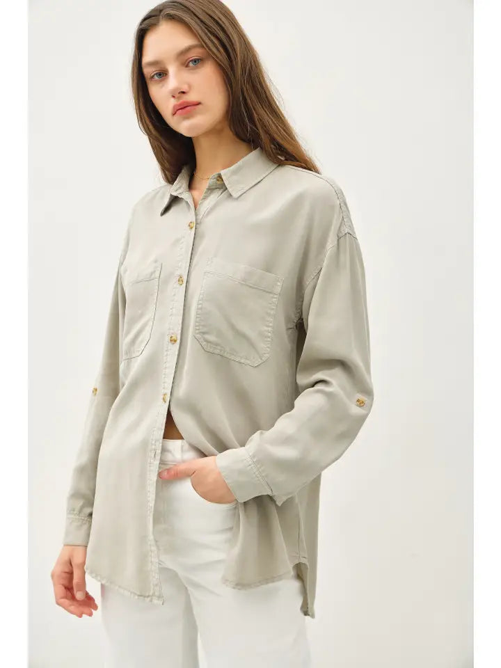Emery Oversized Button Up Top in Sage