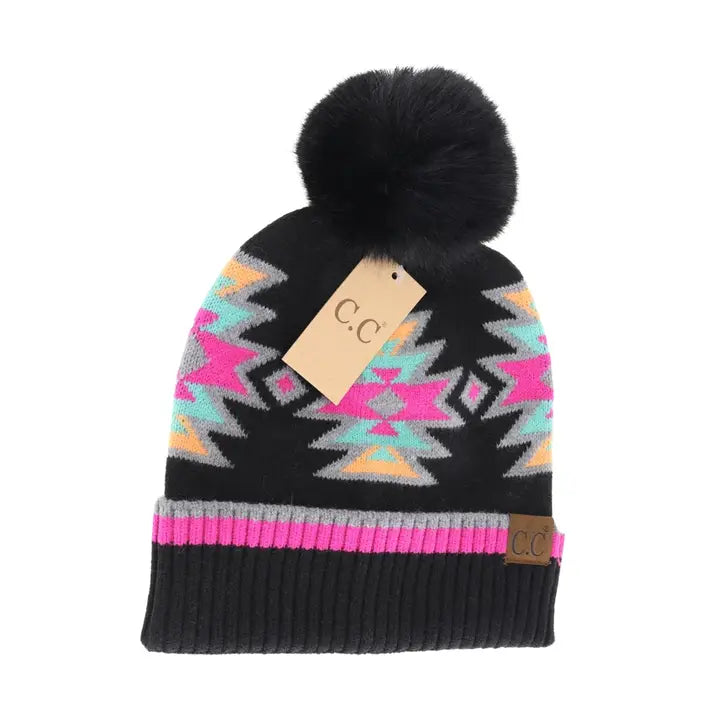KIDS Aztec Beanie in Black/Fuchsia