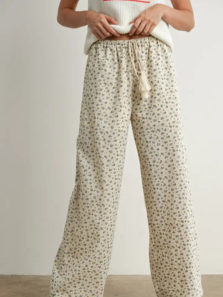 Blue Floral Linen Pants