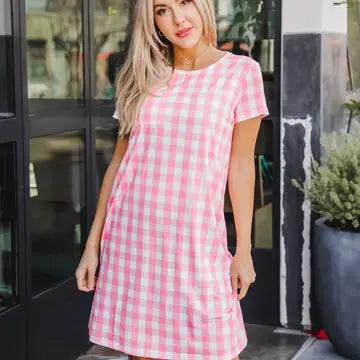 Gingham Pocket Tee Dress in Pink