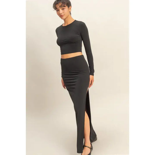 Cropped Two Piece Skirt Set in Black