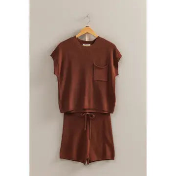 Short Sleeve Sweater and Short Set in Chestnut