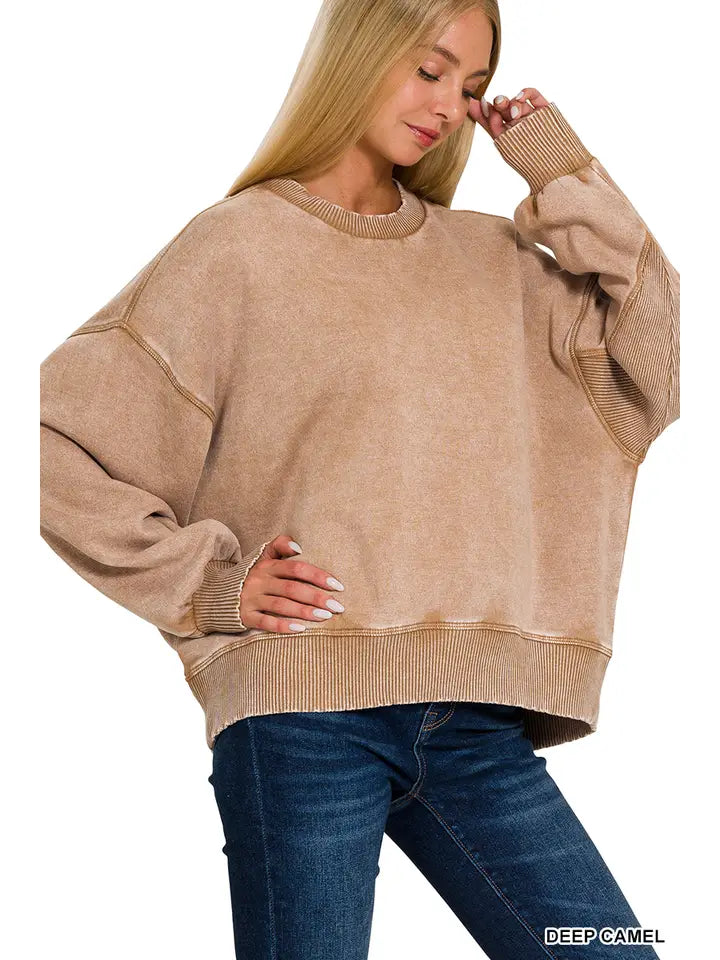 Irene Acid Washed Pullover in Deep Camel