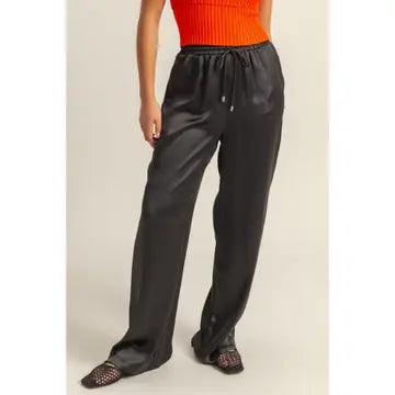 Drawstring Wide Leg Satin Pants in Black