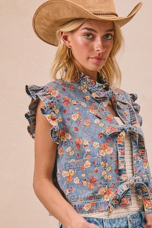Ditsy Ruffled Edge Denim Vest