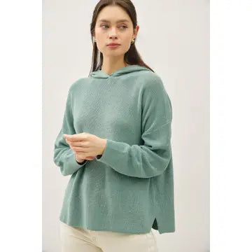 Wool Blend Boxy Fit Ribbed Knit Hoodie Sweater Jade