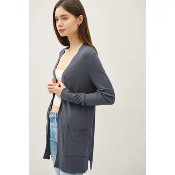 Viscose Open Front Essential Cardigan CHARCOAL BLUE